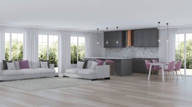 Gri mutfak ile modern ev iç. 3D render.