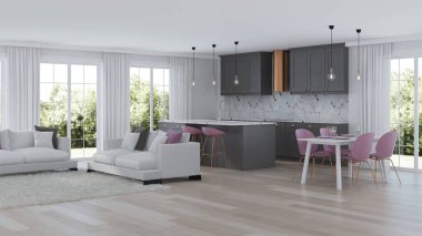 Gri mutfak ile modern ev iç. 3D render.
