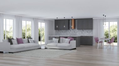 Gri mutfak ile modern ev iç. 3D render.