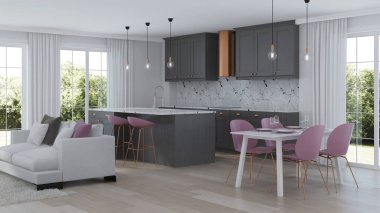 Gri mutfak ile modern ev iç. 3D render.