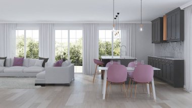 Gri mutfak ile modern ev iç. 3D render.