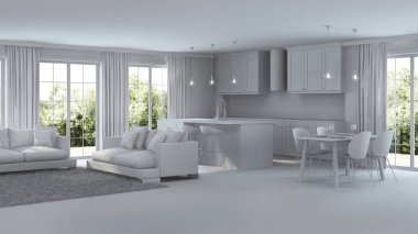 Modern ev iç. Onarır. Gri iç. 3D render.