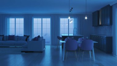 Gri mutfak ile modern ev iç. İyi geceler. Akşam aydınlatma. 3D render.