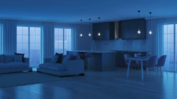 Interior Casa Moderna Con Cocina Gris Buenas Noches Iluminación Nocturna —  Fotos de Stock
