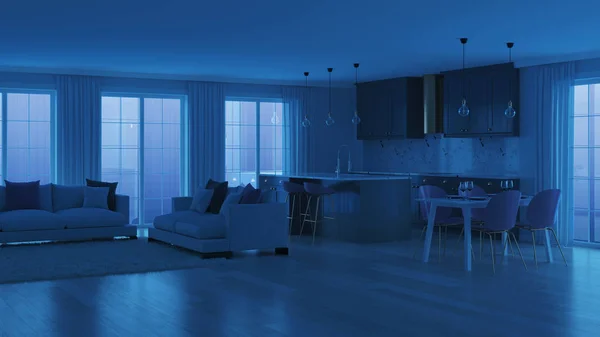 Modern Interieur Met Grijze Keuken Nacht Avonds Verlichting Rendering — Stockfoto