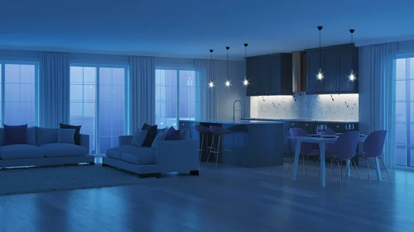 Interno Casa Moderna Con Cucina Grigia Buonanotte Illuminazione Serale Rendering — Foto Stock