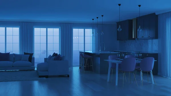 Modern Interieur Met Grijze Keuken Nacht Avonds Verlichting Rendering — Stockfoto