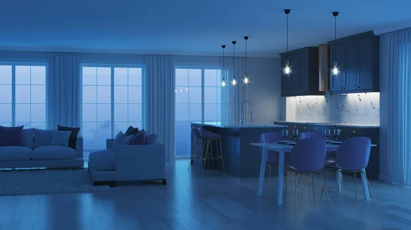 Modern Interieur Met Grijze Keuken Nacht Avonds Verlichting Rendering — Stockfoto