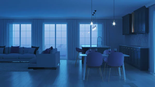 Modern Interieur Met Grijze Keuken Nacht Avonds Verlichting Rendering — Stockfoto