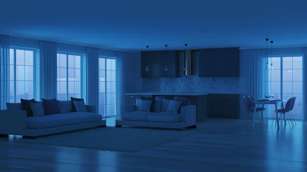 Interior Casa Moderna Con Cocina Gris Buenas Noches Iluminación Nocturna — Foto de Stock