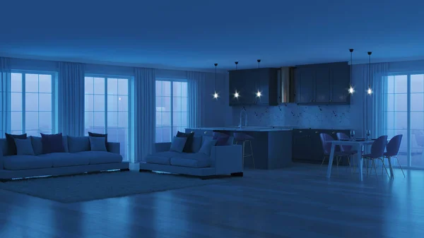 Interior Moderno Casa Com Cozinha Cinza Boa Noite Iluminação Nocturna — Fotografia de Stock