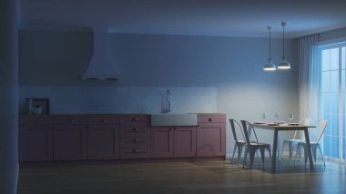Pembe mutfak ve yemek alanı ile iç. İyi geceler. Akşam aydınlatma. 3D render.