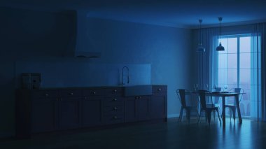 Pembe mutfak ve yemek alanı ile iç. İyi geceler. Akşam aydınlatma. 3D render.