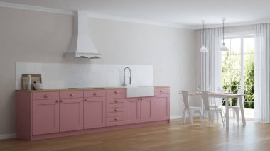 Pembe mutfak ve yemek alanı ile iç. 3D render.