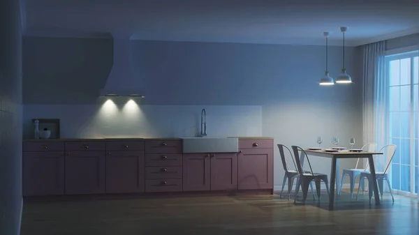 Interior Com Cozinha Rosa Área Refeições Boa Noite Iluminação Nocturna — Fotografia de Stock