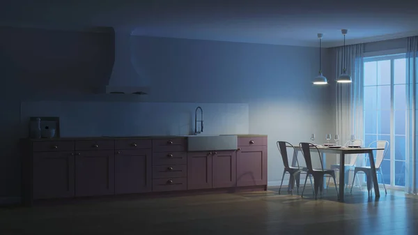 Interior Com Cozinha Rosa Área Refeições Boa Noite Iluminação Nocturna — Fotografia de Stock