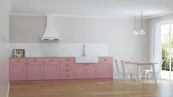 Pembe Mutfak Yemek Alanı Ile Render — Stok fotoğraf