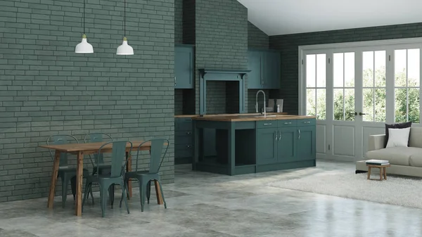 Modern interior of a country house. Interior with dark green kitchen and green brick walls. 3D rendering.