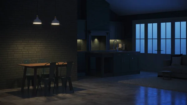 Interior Moderno Uma Casa Campo Interior Com Cozinha Verde Escura — Fotografia de Stock