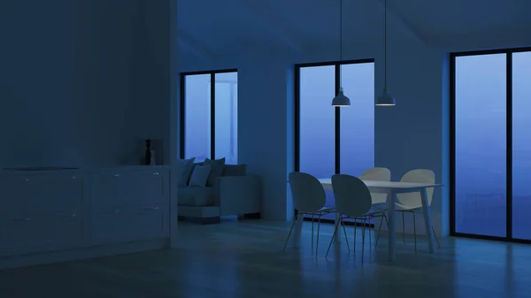 Modern house interior. Night. Evening lighting. 3D rendering.