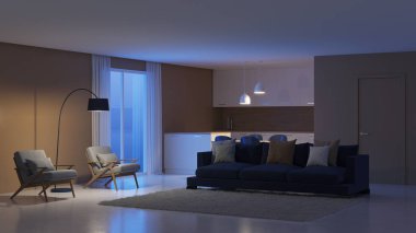 Modern ev iç. İyi geceler. Akşam aydınlatma. 3D render.