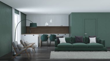 Modern ev iç. Yeşil renk iç. 3D render.