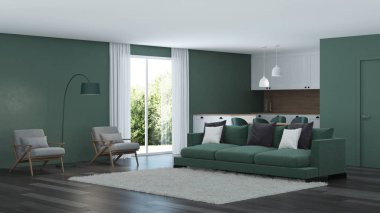 Modern ev iç. Yeşil renk iç. 3D render.