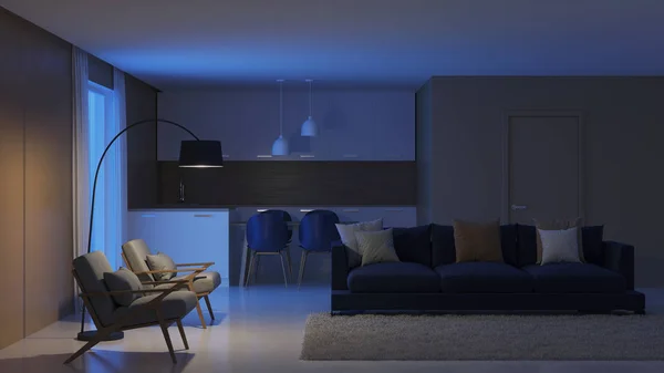 Modern Huis Interieur Nacht Avonds Verlichting Rendering — Stockfoto