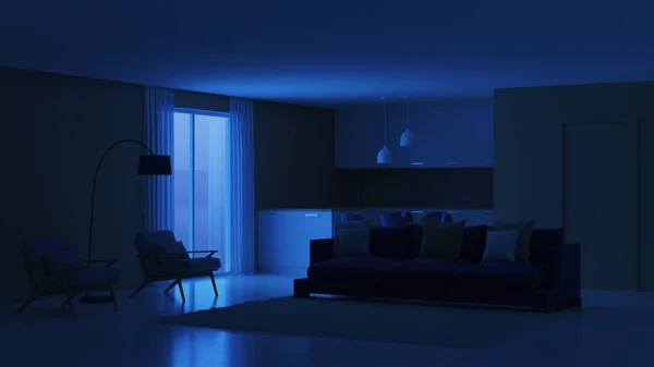 Interior Casa Moderna Buenas Noches Iluminación Nocturna Renderizado —  Fotos de Stock