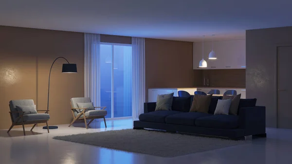 Modern house interior. Night. Evening lighting. 3D rendering.