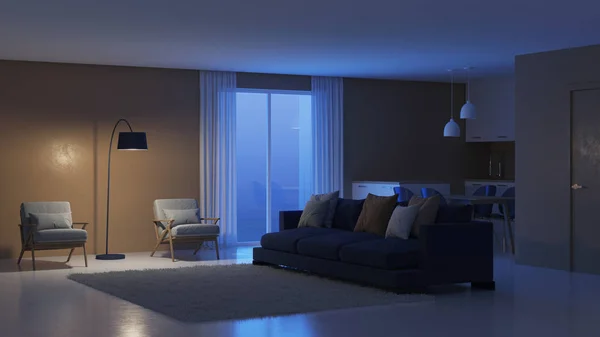 Modern Huis Interieur Nacht Avonds Verlichting Rendering — Stockfoto