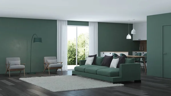 Modern Huis Interieur Groene Kleur Het Interieur Rendering — Stockfoto