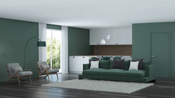 Modern House Interior Green Color Interior Rendering — Stock Photo, Image