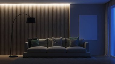Modern ev iç. İyi geceler. Akşam aydınlatma. 3D render.