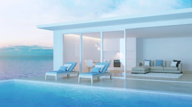 Yüzme havuzlu villa iç. Deniz Manzaralı ev. İyi geceler. Akşam aydınlatma. 3D render.
