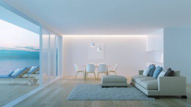 Yüzme havuzlu villa iç. Deniz Manzaralı ev. İyi geceler. Akşam aydınlatma. 3D render.