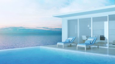 Yüzme havuzlu villa iç. Deniz Manzaralı ev. İyi geceler. Akşam aydınlatma. 3D render.