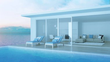 Yüzme havuzlu villa iç. Deniz Manzaralı ev. İyi geceler. Akşam aydınlatma. 3D render.