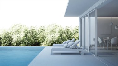 Modern ev iç. Yüzme havuzlu villa iç. 3D render.