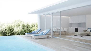Modern ev iç. Yüzme havuzlu villa iç. 3D render.