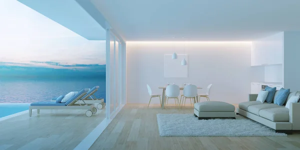 Interior of a villa with a swimming pool. House overlooking the sea. Night. Evening lighting. 3D rendering.