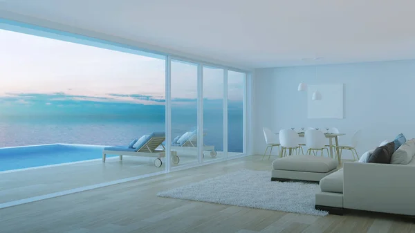 Interior of a villa with a swimming pool. House overlooking the sea. Night. Evening lighting. 3D rendering.