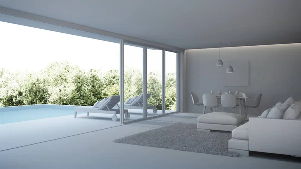 Modern house interior. Interior of a villa with a swimming pool. 3D rendering.