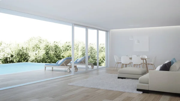 Modern house interior. Interior of a villa with a swimming pool. 3D rendering.