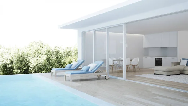 Modern house interior. Interior of a villa with a swimming pool. 3D rendering.