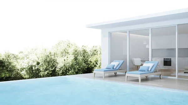 Modern house interior. Interior of a villa with a swimming pool. 3D rendering.