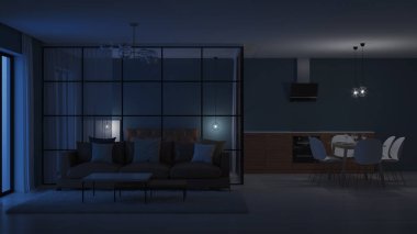 Modern ev iç. Cam bölmeler yatak odası. İyi geceler. Akşam aydınlatma. 3D render.