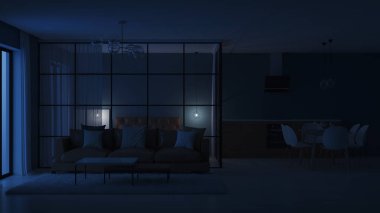 Modern ev iç. Cam bölmeler yatak odası. İyi geceler. Akşam aydınlatma. 3D render.