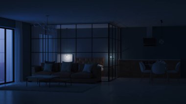 Modern ev iç. Cam bölmeler yatak odası. İyi geceler. Akşam aydınlatma. 3D render.