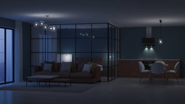 Modern ev iç. Cam bölmeler yatak odası. İyi geceler. Akşam aydınlatma. 3D render.